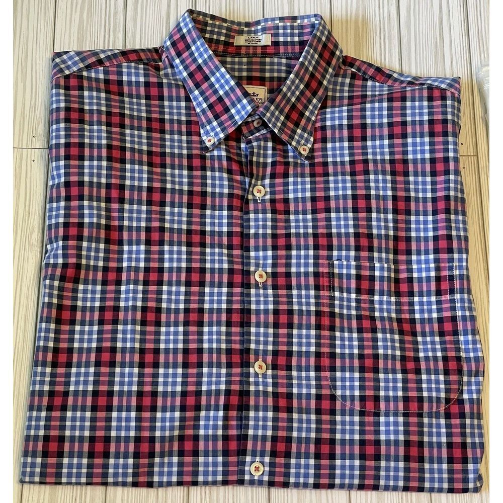Peter Millar‎ Short Sleeve Button Down Shirt 100% Cotton Large Red/blue Plaid